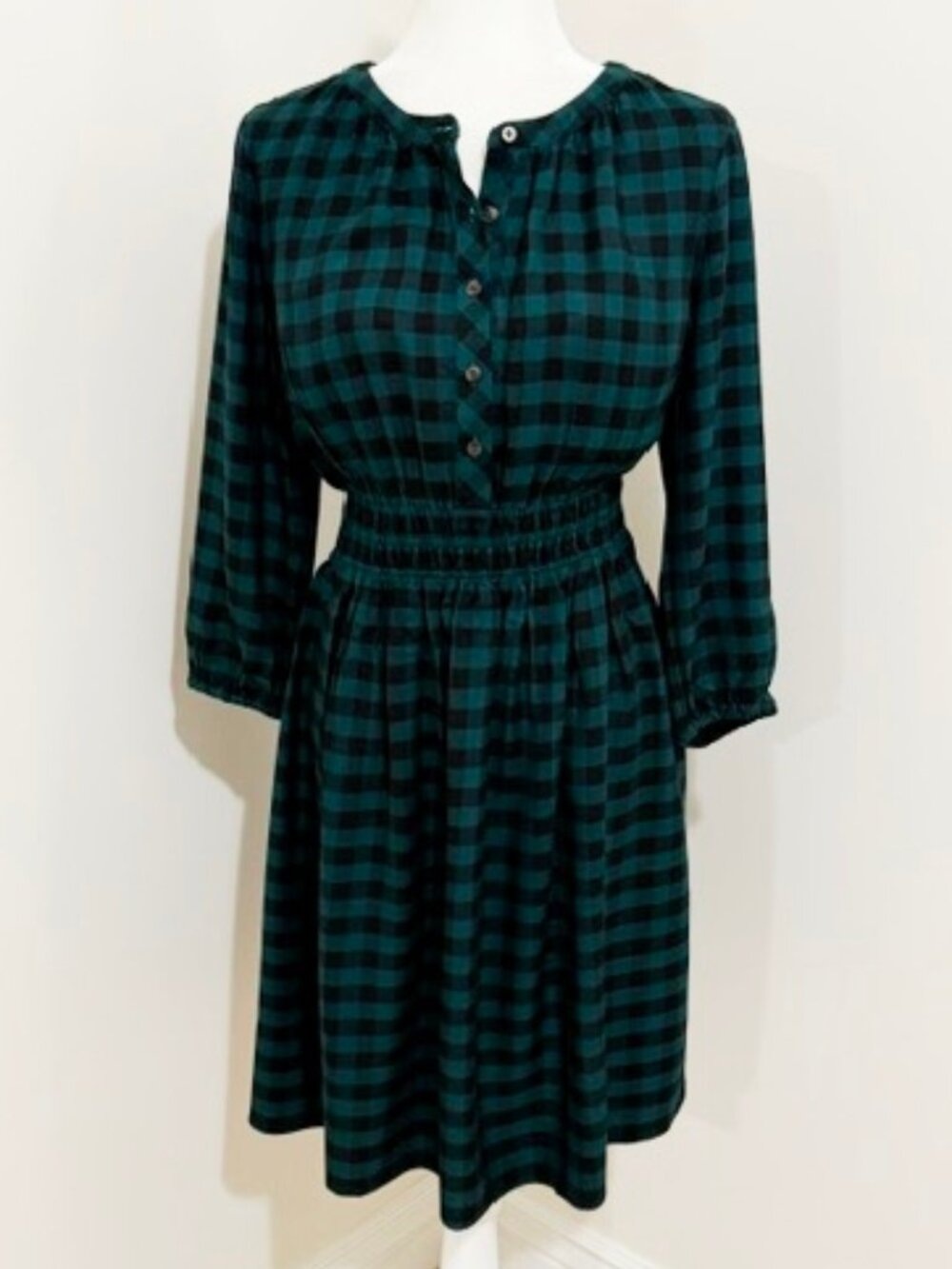 J. Jill Teal & Black Plaid Smocked Waist 3/4 Sleeve A-Line Dress Size S NWT